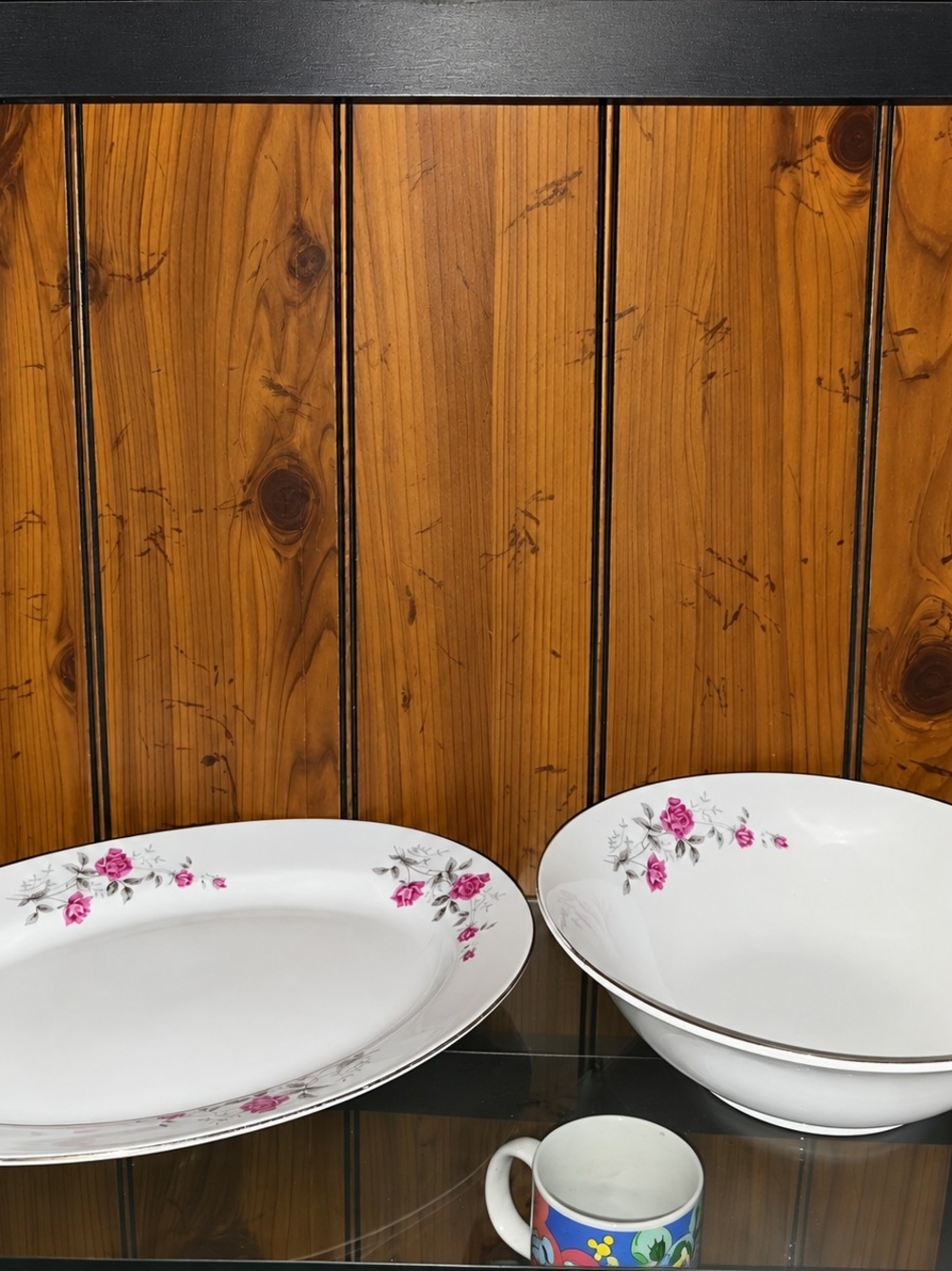 Vintage Pink Rose Floral Platter & Bowl Set 2 Pc White Gold Trim Serving Dish
